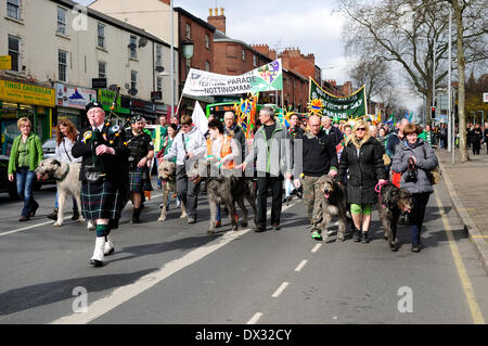 Nottingham,UK.17th März 2014. Nottingham grün geworden, wie Hunderte zur Feier des St. Patrick auf dem alten Marktplatz entpuppen. Parade auf Mansfield Road. Bildnachweis: Ian Francis/Alamy Live-Nachrichten Stockfoto