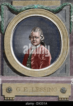 Gotthold Ephraim Lessing (1729-1781). Deutscher Schriftsteller. Porträt. Gravur. Farbige. Stockfoto
