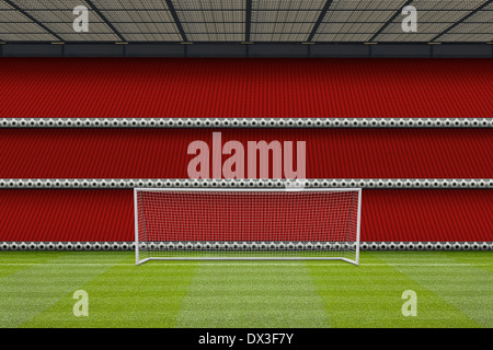 echtem Rasen Fußball Torpfosten mit einem Computer generiert Stadion Stand mit leeren Plätzen, Stockfoto