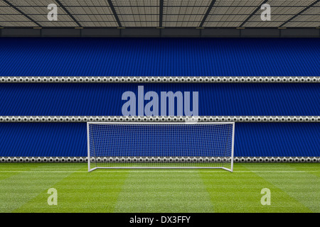 echtem Rasen Fußball Torpfosten mit einem Computer generiert Stadion Stand mit leeren Plätzen, Stockfoto