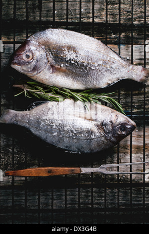 Draufsicht auf Schlepptau Dorado Rohfisch mit Rosmarin und Meer Salz auf Grill über alten Holztisch. Stockfoto