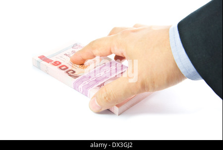 Hand, die einen Großteil der 100 Baht Thailand banknote Stockfoto