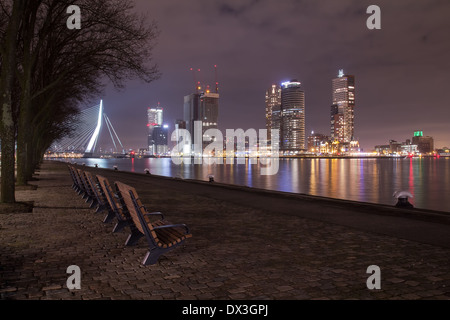 Rotterdam in der Nacht mit einem Blick aus einer Stadt-Bank über die Erasmusbrücke und "Kop van Zuid" Stockfoto
