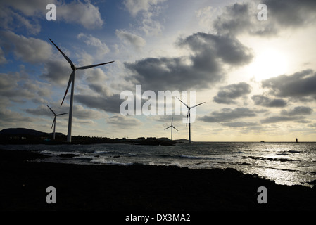 Elektro Power Generator Windkraftanlage über ein bewölkter Himmel in Jeju Küste Stockfoto