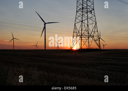 Zehdenick, Deutschland, Windpark bei Sonnenuntergang Stockfoto