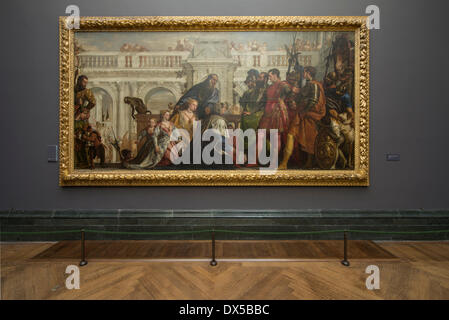 Die National Gallery, London UK. 18. März 2014. Drücken Sie View - Veronese: Pracht in Renaissance Venedig gesponsert von Credit Suisse, die bedeutendste Sammlung von Paolo Veronese der Arbeit überhaupt, im Vereinigten Königreich angezeigt werden soll. Die Ausstellung läuft vom 19 März, 15. Juni 2014 50 Exponate zusammenzubringen. Bild: Die Familie von Darius vor Alexander, etwa 1565-7. © Der National Gallery, London. Stockfoto