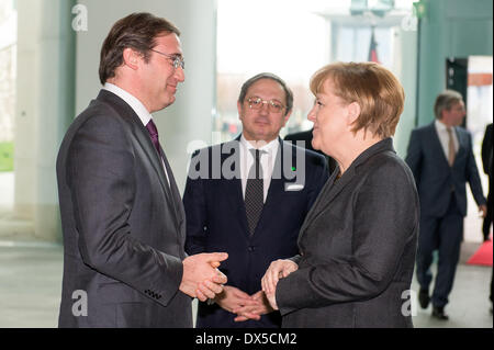 Berlin, Deutschland. 18. März 2014. Bundeskanzlerin Angela Merkel im Bundeskanzleramt erhält der portugiesische Premierminister Passos Coelho für einen bilateralen Treffen in Berlin, Deutschland, am 18. März 2014. Bildnachweis: Goncalo Silva/NurPhoto/ZUMAPRESS.com/Alamy Live-Nachrichten Stockfoto