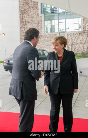 Berlin, Deutschland. 18. März 2014. Bundeskanzlerin Angela Merkel im Bundeskanzleramt erhält der portugiesische Premierminister Passos Coelho für einen bilateralen Treffen in Berlin, Deutschland, am 18. März 2014. Bildnachweis: Goncalo Silva/NurPhoto/ZUMAPRESS.com/Alamy Live-Nachrichten Stockfoto