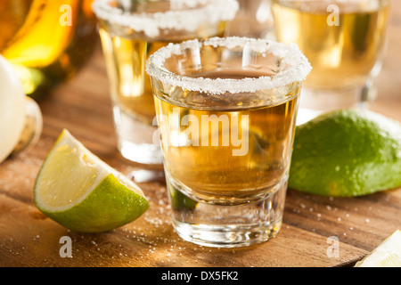 Tequila Shot Gläser mit Kalk und Salz Stockfoto