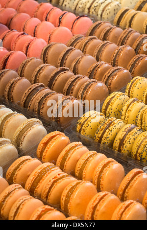 Eine Darstellung der vielfältigen Makronen (Frankreich).  Vorstellung de Macarons Variés (Frankreich). Stockfoto