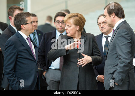 Berlin, Deutschland. 18. März 2014. Statements von Bundeskanzlerin Angela Merkel und der portugiesische Premierminister Passos Coelho nach bilateralen Treffen in Berlin am 18. März 2014. Bildnachweis: Goncalo Silva/NurPhoto/ZUMAPRESS.com/Alamy Live-Nachrichten Stockfoto