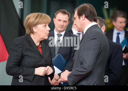 Berlin, Deutschland. 18. März 2014. Statements von Bundeskanzlerin Angela Merkel und der portugiesische Premierminister Passos Coelho nach bilateralen Treffen in Berlin am 18. März 2014. Bildnachweis: Goncalo Silva/NurPhoto/ZUMAPRESS.com/Alamy Live-Nachrichten Stockfoto