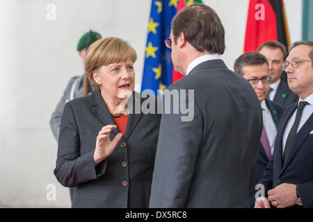 Berlin, Deutschland. 18. März 2014. Statements von Bundeskanzlerin Angela Merkel und der portugiesische Premierminister Passos Coelho nach bilateralen Treffen in Berlin am 18. März 2014. Bildnachweis: Goncalo Silva/NurPhoto/ZUMAPRESS.com/Alamy Live-Nachrichten Stockfoto