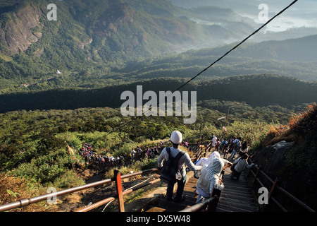 Buddhistische Pilger auf der steilen Treppe in der Nähe des Gipfels des Adam's Peak (Sri Pada) in Sri Lanka Stockfoto