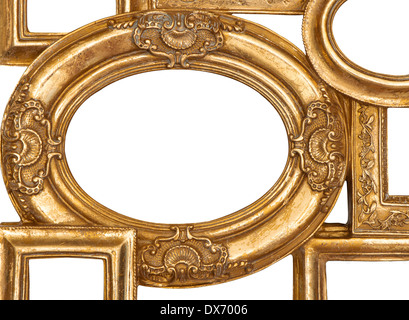 Detail des goldenen Rahmen isoliert auf weißem Hintergrund. leere Barock-Rahmen für Foto und Bild Stockfoto