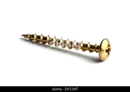 Eine detaillierte Ansicht einer goldenen Schraube, perfekt für Bau- und Heimwerkerprojekte. Stockfoto
