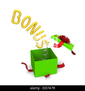 3D Bonus Symbol sprang heraus aus einer grünen Geschenkbox Stockfoto