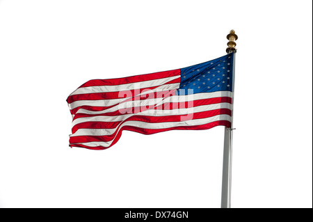 Amerikanische Flagge zeigen uns Stars and Stripes wehen im Wind auf weißem Hintergrund Stockfoto