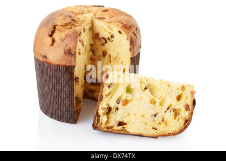 Panettone und in Scheiben schneiden, italienischer Weihnachtskuchen Stockfoto