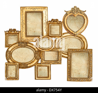 antike goldene Rahmen isoliert auf weißem Hintergrund. leere Barock-Rahmen mit Leinwand für Foto und Bild Stockfoto
