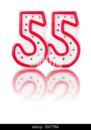 Rote Zahl 55 mit Reflektion auf weißem Hintergrund Stockfoto