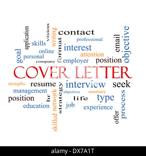 Cover Letter Word Cloud-Konzept mit großen Begriffe wie Interview, Lebenslauf, Inhaltsangabe und vieles mehr. Stockfoto