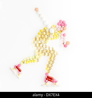Doping-Medikamente und Pillen in Form von Eis Eisschnellläuferin auf Eis laufen. Stockfoto
