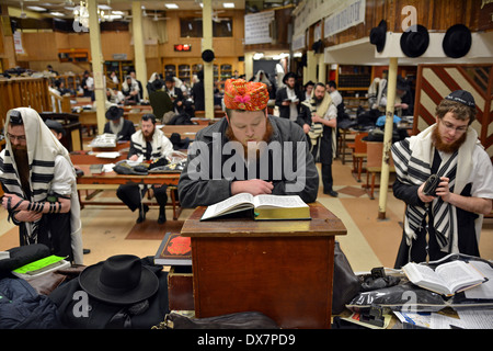 Ein junger jüdischer Mann in einen albernen Hut am Morgen Dienstleistungen an Purim in Crown Heights, Brooklyn, New York Stockfoto