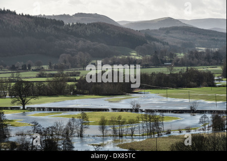 Überflutetes Ackerland im Lugg-Tal bei Presteigne, Powys, Wales Stockfoto