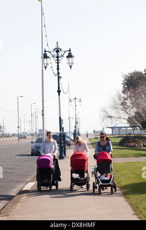 Drei Frauen schieben Kinderwagen mit Breite der Fahrbahn. Stockfoto