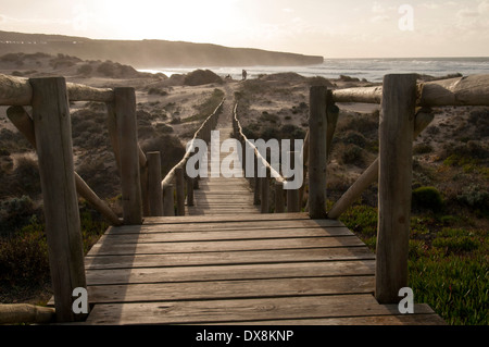 Holzsteg durch die Dünen zum Strand am Praia da Amoreira Stockfoto