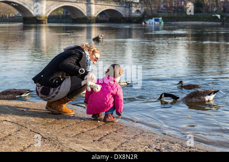 Frau und ein junges Mädchen in rosa Mantel Fütterung der Gänse an den Ufern des Flusses Themse - Richmond upon Thames, London, UK Stockfoto