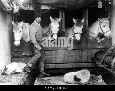 LAWRENCE OATES mit den Ponys auf Robert Falcon Scotts Schiff der Terra Nova im Jahre 1911. Foto Herbert Ponting Stockfoto