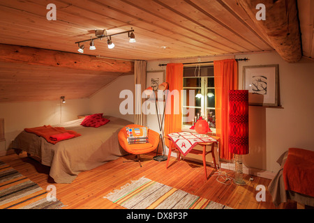 Schlafzimmer in der Wardshuset Guest House, Kangos, Lappland, Schweden Stockfoto