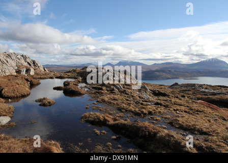 Ben Loyal, Ben Hope und Loch Eriboll betrachtet aus Beinn Ceannabeinne Schottland März 2014 Stockfoto