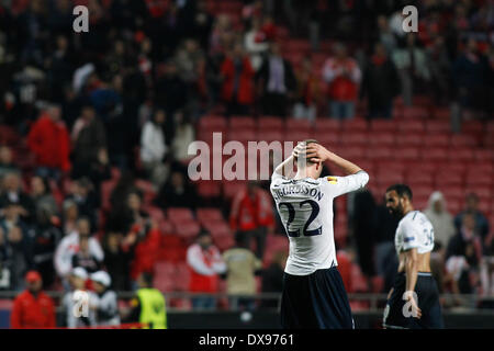 Benfica, Portfugal. 20. März 2014. Tottenham Insel Mittelfeldspieler Gylfi Sigurdsson reagiert nach 16 Sekunden der UEFA Europa League Bein Fußballspiel zwischen SL Benfica und Tottenham Hotspur im Luz Stadium in Lisboa. Bildnachweis: Filipe Amorim/NurPhoto/ZUMAPRESS.com/Alamy Live-Nachrichten Stockfoto