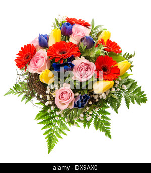 Nahaufnahme der bunten Frühlingsstrauß Blumen isoliert auf weißem Hintergrund. Rosa Rosen, roten Gerbera, gelbe Tulpen, blaue anemone Stockfoto