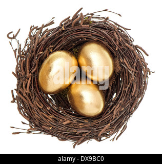 goldene Ostereier im nest isolierten auf weißen Hintergrund Stockfoto