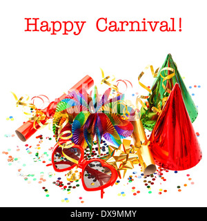 Party-Dekorationen-Girlanden, Konfetti, Streamer, Cracker, Gläser. festlichen Hintergrund mit Beispieltext glücklich Karneval! Stockfoto