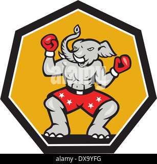 Abbildung eines republikanischen Elefanten Maskottchen Boxer Boxen mit Handschuhen im Inneren Schild Pentagon Form getan im Cartoon-Stil. Stockfoto