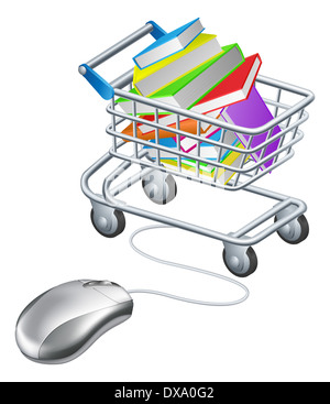Bücher in einem shopping Trolley oder Wagen mit Computer-Maus, Konzept für Online-Bildung oder shopping für Bücher auf der Inter verbunden Stockfoto