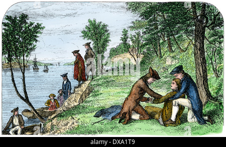 Alexander Hamilton sterben nach seiner Pistole Duell mit Aaron Burr, 1804. Hand - farbige Holzschnitt Stockfoto