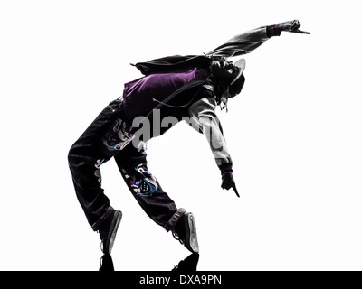 einen hip Hop akrobatische Pause Tänzer Breakdance Jüngling Silhouette weißen Hintergrund Stockfoto