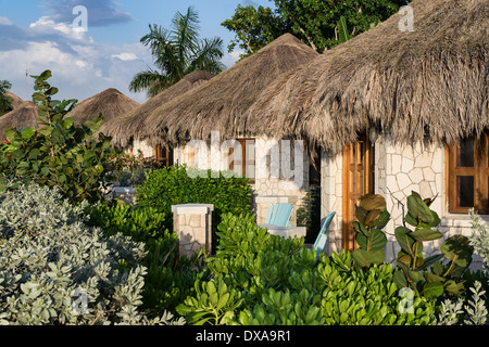 Die Spa Retreat boutique hotel Cottages mit Strohdach. Stockfoto