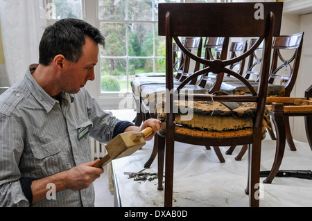 Ein professionellen Restaurator entfernt die Abdeckung und die Polsterung aus einem antiken Stuhl Stockfoto