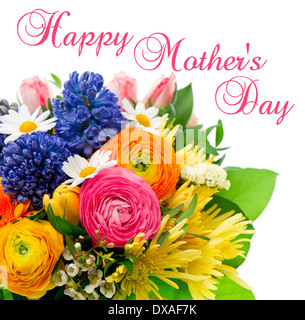 Glücklich Muttertag. Karte-Konzept. schöner Blumenstrauß bunte Frühlingsblumen. Tulpen, Ranunkeln, Hyazinthe, Daisy, gerber Stockfoto