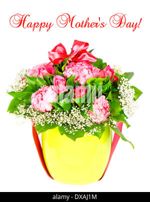 Schönen Muttertag. Karte-Konzept. Bunte Rosen Blumenstrauß mit rosa Schleife Stockfoto