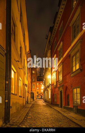 Nachtansicht der Stockholmer Kathedrale, gesehen von Stora Gråmunkegränd in Gamla Stan, die Altstadt von Stockholm, Schweden. Stockfoto