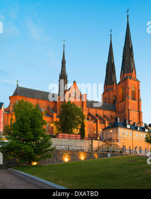 Abend-Ansicht des 13. Jahrhunderts Uppsala Kathedrale ("Uppsala Domkyrka"), Uppsala, Schweden. Stockfoto