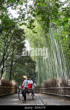 Rikscha-Fahrer ziehen ein Tourist in einer Rikscha in einem Bambushain in Arashiyama, Kyoto, Japan Stockfoto